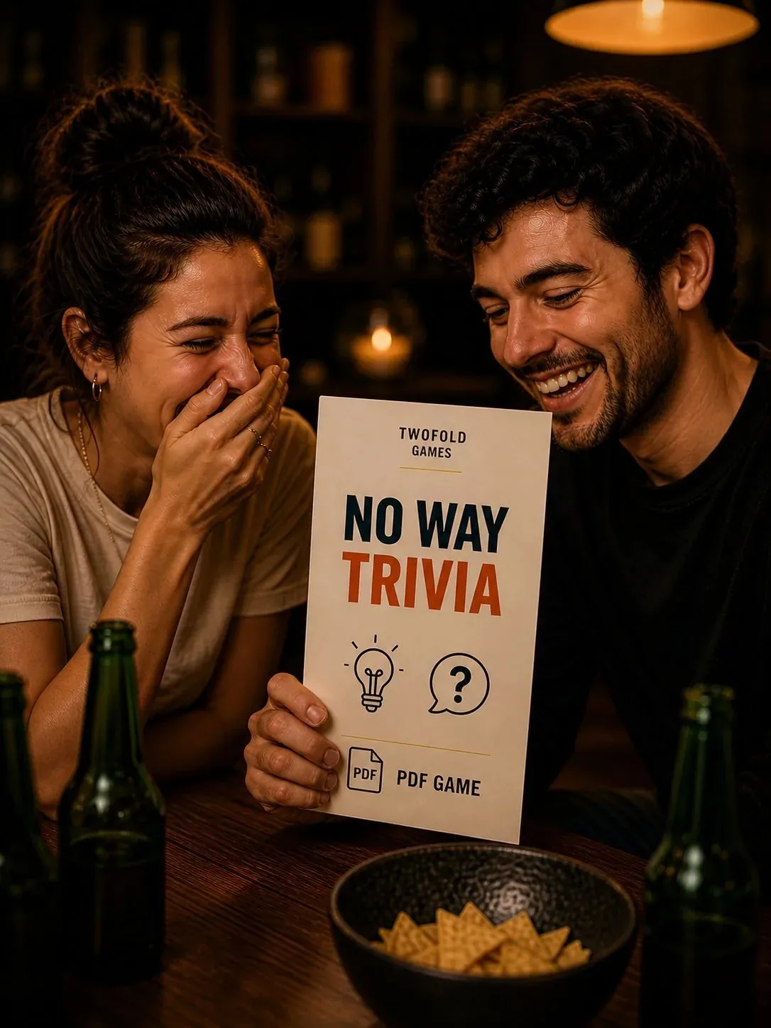 Two friends laughing while playing No Way Trivia